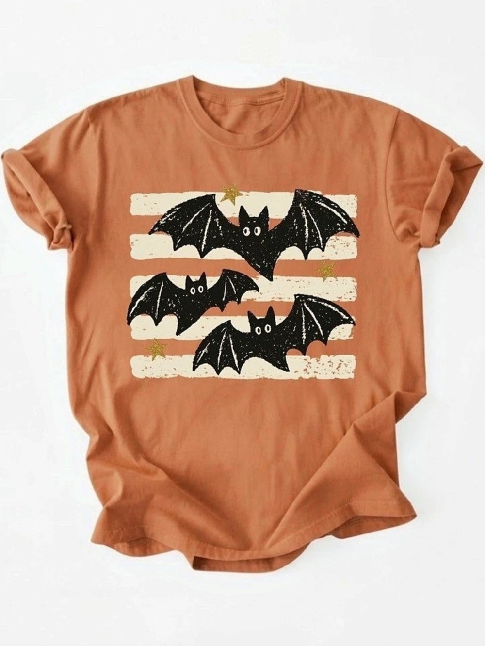 Spooky Halloween Bats Stars Orange Graphic Striped Art Gildan T-Shirt